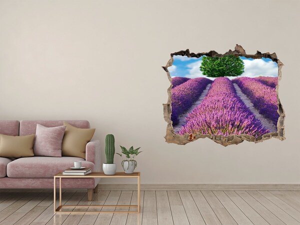 Vinilo pared rota 3d efecto realista Campo de lavanda detrás del muro
