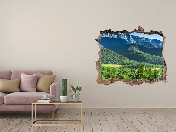 Vinilo pared rota 3d efecto realista Paisaje de montaña a través de un agujero en la pared