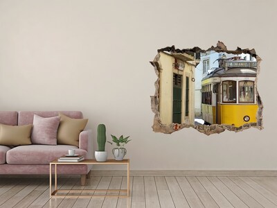 Pegatina de vinilo agujero 3d para pared Un tranvía amarillo en una calle estrecha