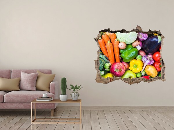 Trampantojo de pared rota efecto profundidad Verduras y frutas coloridas en un agujero en la pared