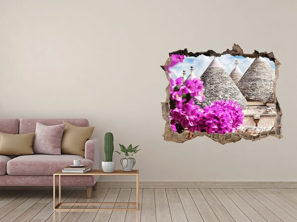 Pegatina de vinilo agujero 3d para pared Trulli en Apulia con flores