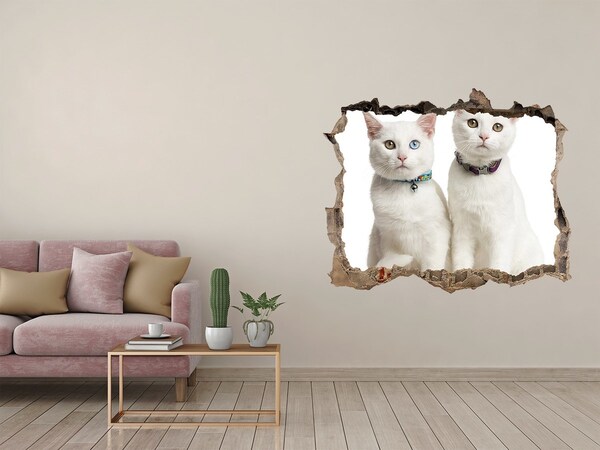 Vinilo pared rota 3d efecto realista Dos gatos blancos en un agujero en la pared