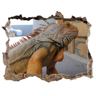 Vinilo pared rota 3d efecto realista Iguana en una pared dañada