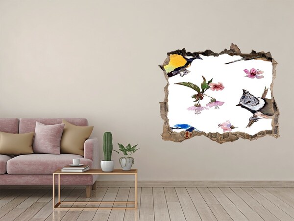 Pegatina agujero en la pared autoadhesiva Paisaje primaveral con pájaros