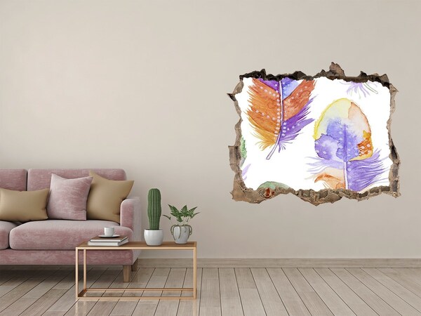 Pegatina de vinilo agujero 3d para pared Plumas de colores en el fondo de la pared