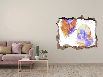 Pegatina de vinilo agujero 3d para pared Plumas de colores en el fondo de la pared