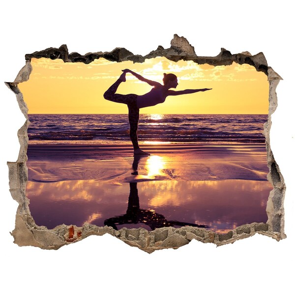 Vinilo pared rota 3d efecto realista Yoga en la playa al atardecer
