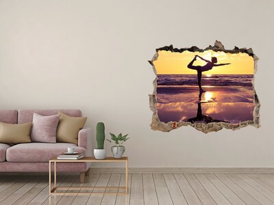 Vinilo pared rota 3d efecto realista Yoga en la playa al atardecer