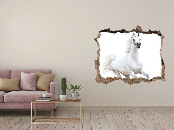 Vinilo pared rota 3d efecto realista Un caballo blanco en fuga
