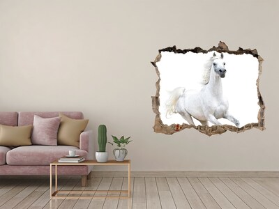 Vinilo pared rota 3d efecto realista Un caballo blanco en fuga