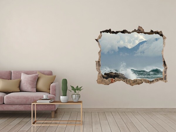 Pegatina de vinilo agujero 3d para pared Mar tempestuoso con fondo de montaña