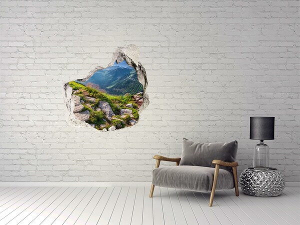 Vinilo decorativo boquete pared irregular Vista a la montaña con valle