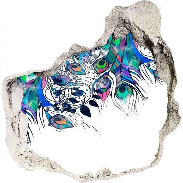 Vinilo adhesivo efecto agujero 3d para casa Plumas de colores en un agujero en la pared.