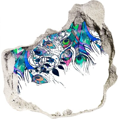 Vinilo adhesivo efecto agujero 3d para casa Plumas de colores en un agujero en la pared.