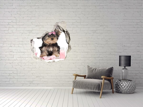 Vinilo decorativo boquete pared irregular Un dulce Yorkshire Terrier con un lazo rosa.
