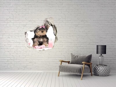 Vinilo decorativo boquete pared irregular Un dulce Yorkshire Terrier con un lazo rosa.
