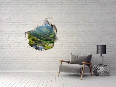 Vinilo adhesivo efecto agujero 3d para casa Paisaje de montaña a través de un agujero en la pared.