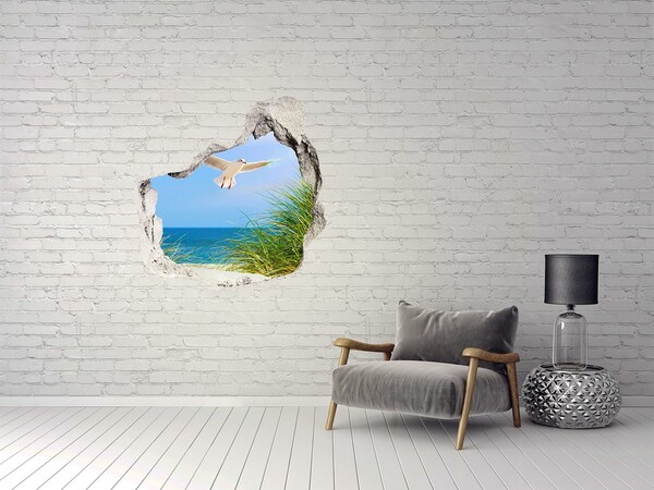 Pegatina efecto 3d pared rota decorativa Vista de la playa con una gaviota