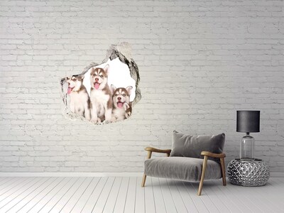 Vinilo decorativo boquete pared irregular Cachorros de husky detrás de un agujero en la pared