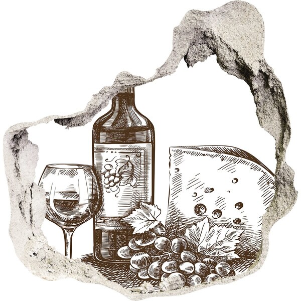 Pegatina efecto 3d pared rota decorativa Vino y queso con el telón de fondo de una pared dañada.