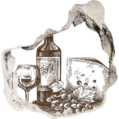 Pegatina efecto 3d pared rota decorativa Vino y queso con el telón de fondo de una pared dañada.