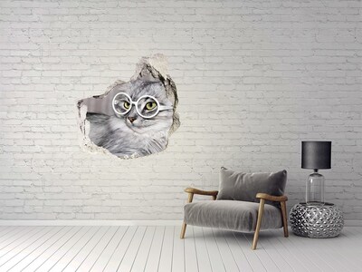 Vinilo decorativo boquete pared irregular Gato con gafas a través de un agujero en la pared.