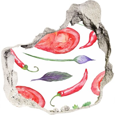 Pegatina pared rota trampantojo decorativo Frutas y verduras en un agujero en la pared.