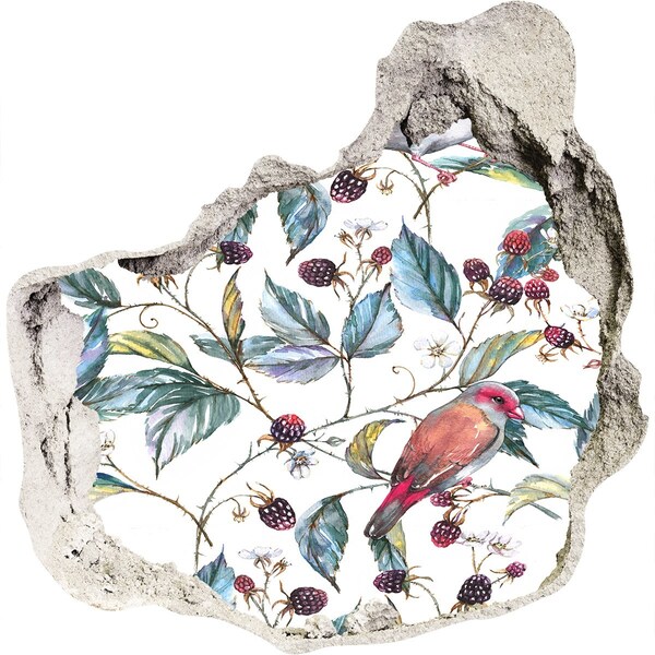 Vinilo decorativo boquete pared irregular Un pájaro entre las moras
