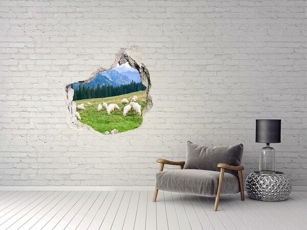 Pegatina efecto 3d pared rota decorativa Paisaje de montaña con ovejas