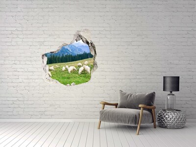 Pegatina efecto 3d pared rota decorativa Paisaje de montaña con ovejas
