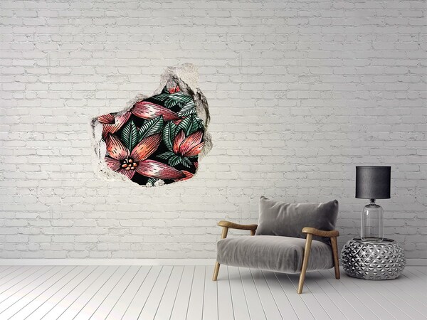 Pegatina efecto 3d pared rota decorativa Un patrón floral contra una pared dañada.