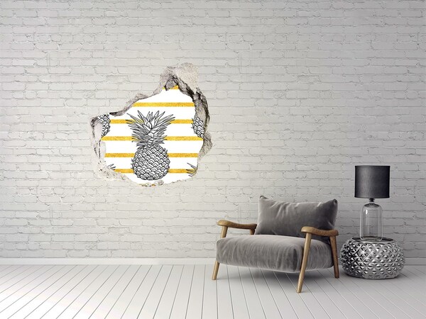 Pegatina efecto 3d pared rota decorativa Piña sobre un fondo de rayas doradas