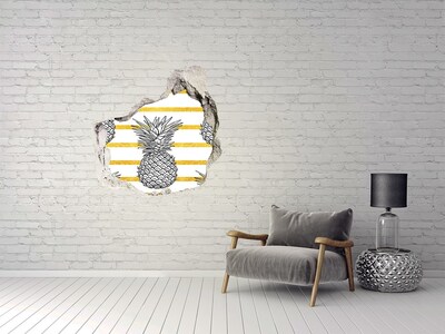 Pegatina efecto 3d pared rota decorativa Piña sobre un fondo de rayas doradas