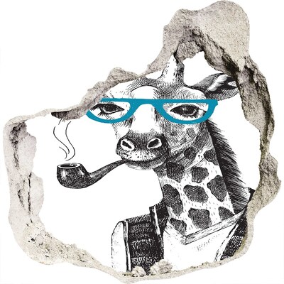 Dziura 3d fototapeta naklejka Giraffe with Glasses and Pipe