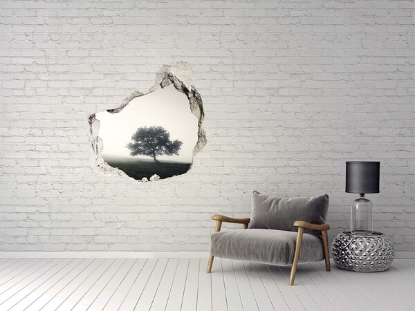 Vinilo adhesivo efecto agujero 3d para casa Un claro brumoso con un árbol solitario.