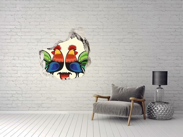 Vinilo adhesivo efecto agujero 3d para casa Gallos coloridos en el fondo de la pared.