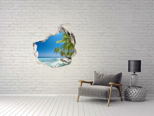 Vinilo decorativo boquete pared irregular Playa tropical con palmeras