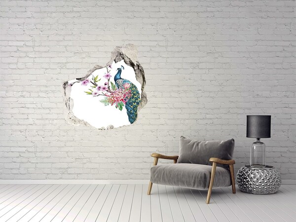 Vinilo decorativo boquete pared irregular Pavo real entre flores