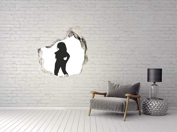 Vinilo adhesivo efecto agujero 3d para casa Un agujero en la pared con la silueta de una mujer.