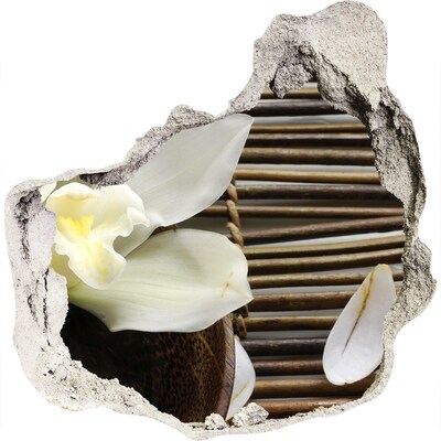 Vinilo adhesivo efecto agujero 3d para casa Un oasis floral entre las piedras.