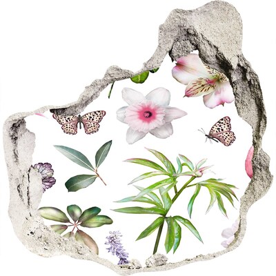 Pegatina efecto 3d pared rota decorativa Un paraíso de flores detrás del muro.