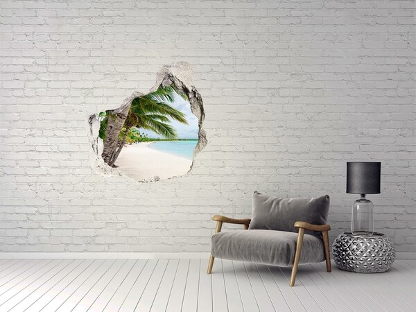 Vinilo decorativo boquete pared irregular Playa tropical con palmeras