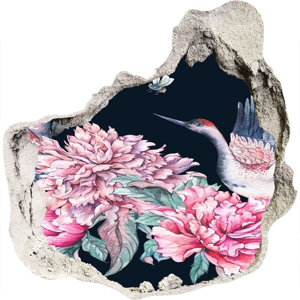 Vinilo decorativo boquete pared irregular Escena de flores con pájaro