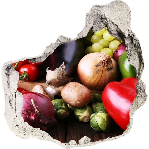 Vinilo adhesivo efecto agujero 3d para casa Frutas y verduras en un agujero en la pared