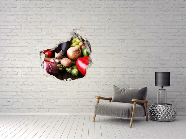 Vinilo adhesivo efecto agujero 3d para casa Frutas y verduras en un agujero en la pared
