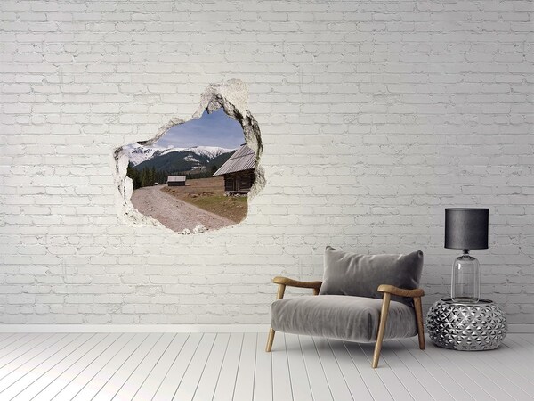 Vinilo adhesivo efecto agujero 3d para casa Paisaje de montaña con cabañas