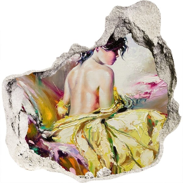 Vinilo decorativo boquete pared irregular Mujer con vestido amarillo