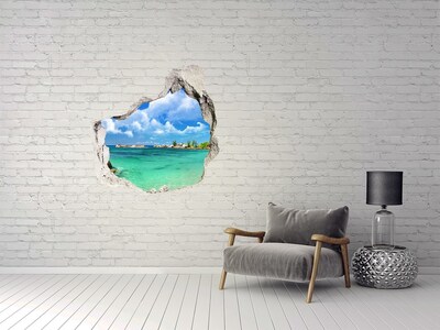 Vinilo decorativo boquete pared irregular Una playa paradisíaca con agua turquesa.