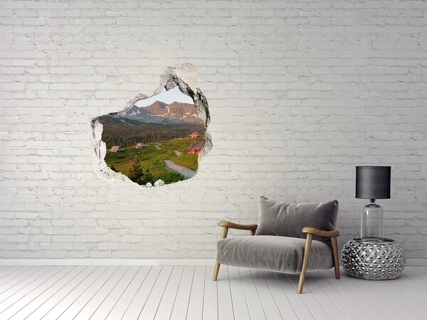 Pegatina efecto 3d pared rota decorativa Valle de montaña con cabañas