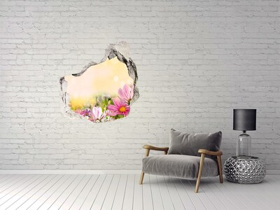 Pegatina pared rota trampantojo decorativo Un paisaje floral detrás de un agujero en la pared.